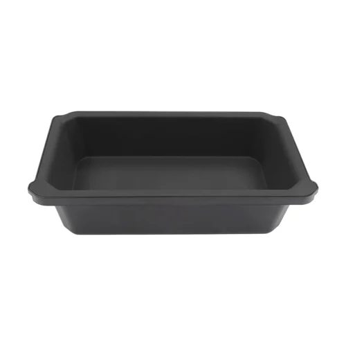 Rectangular black baking pan with integrated side handles, viewed from the front.