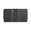 Three black interlocking car floor mats: left and right large mats with vertical grooves and a center connector piece that locks them together.