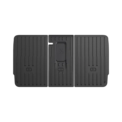 Three black interlocking car floor mats: left and right large mats with vertical grooves and a center connector piece that locks them together.