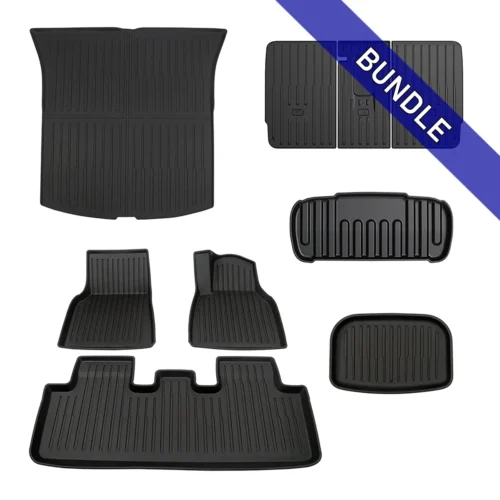 Set of black rubber car floor mats in various shapes (front, rear, and cargo area) shown on a white background.