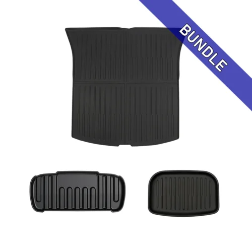 Black rubber car floor mat set with ribbed tread: one large front mat and two smaller mats; bundled banner visible across the top right.