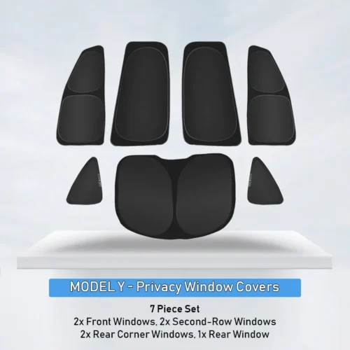 7-piece Model Y privacy window covers laid out; kit blocks sun and provides privacy for all windows (front, second-row, rear).