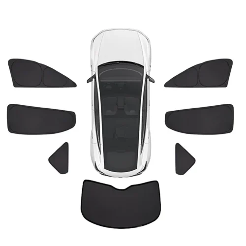 Top-down view of a white car surrounded by its complete set of window sun shades for sun protection.