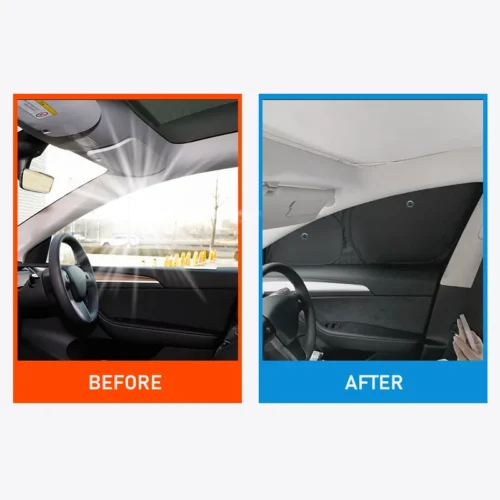 Side-by-side car interior comparison: BEFORE shows sun glare on the windshield and a worn ceiling; AFTER shows repaired, cleaner ceiling and paneling in the same car interior.