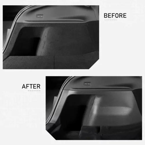 Before and after comparison of a car trunk interior, showing a cleaner, more contoured cargo space in the after image.