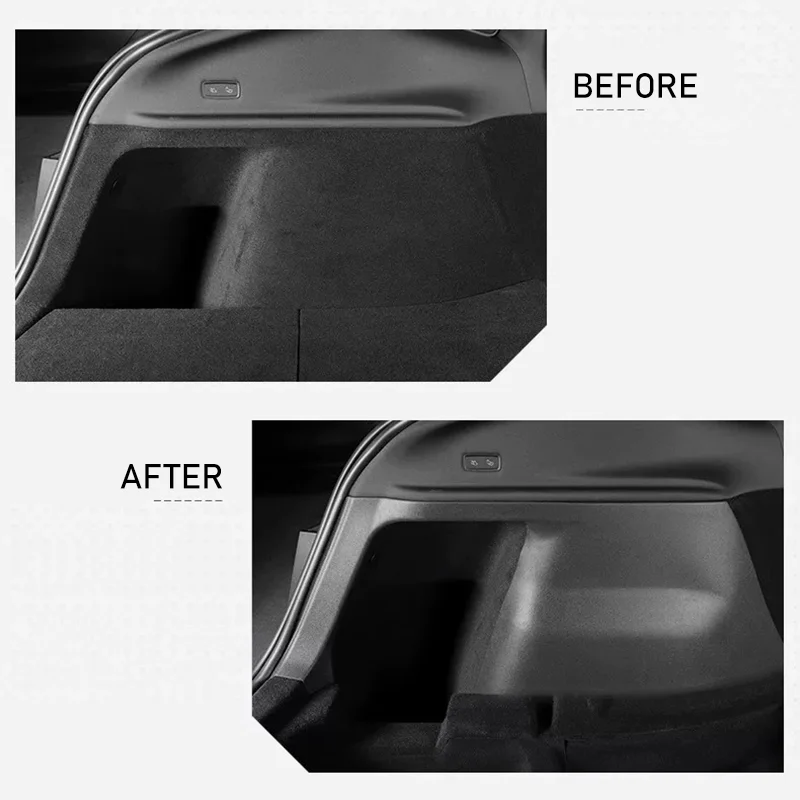 Before and after comparison of a car trunk interior, showing a cleaner, more contoured cargo space in the after image.