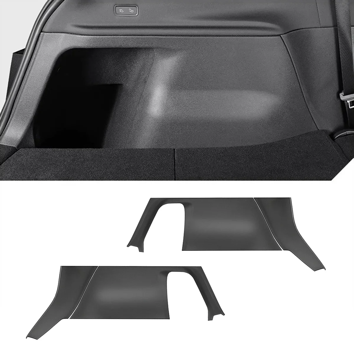 Black car trunk interior with a large side panel and two spare trim pieces laid out separately