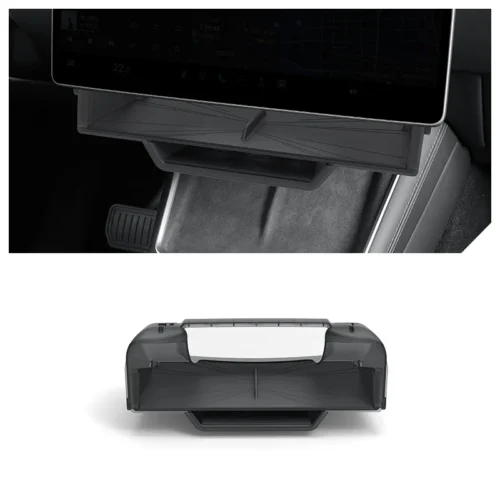 In-dashboard car organizer tray with two storage compartments beneath the screen.