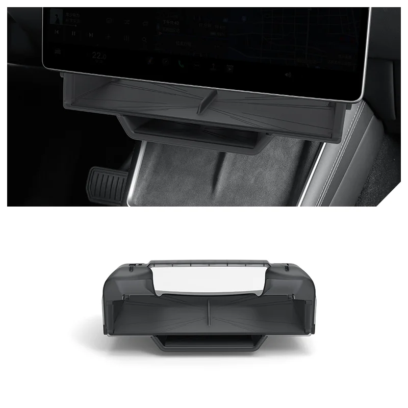 In-dashboard car organizer tray with two storage compartments beneath the screen.
