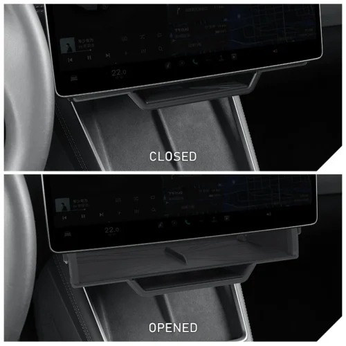 Close-up of a car's center console tray in the closed position, with the word 'CLOSED' overlaid (top image).] ,