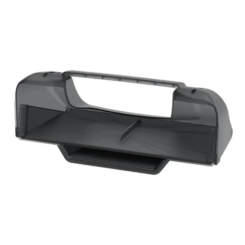 Gray plastic storage organizer with a long open top cavity and a lower drawer-like compartment