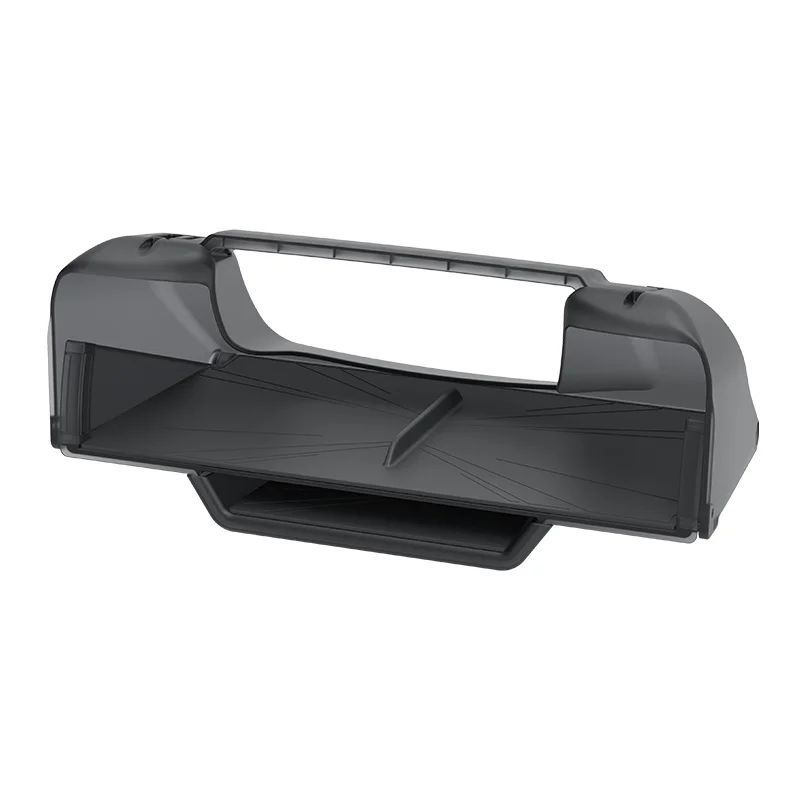 Gray plastic storage organizer with a long open top cavity and a lower drawer-like compartment