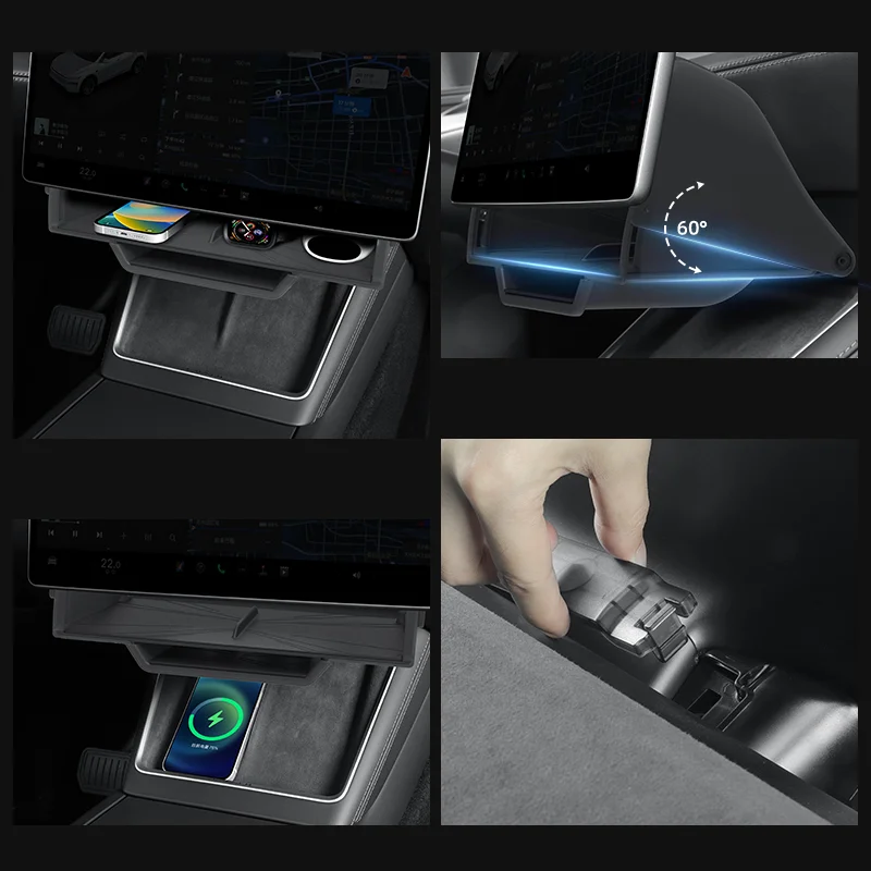 In-car wireless charging mount holding a phone and tablet with dashboard display visible.
