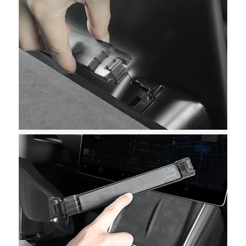 A person installing a slim tablet or screen mount into a car dashboard, showing the latch mechanism on the mount cup holder area.