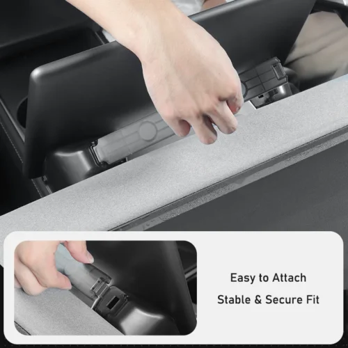 Hand attaching a plastic latch to a car trunk edge; inset shows 'Easy to Attach, Stable & Secure Fit'.