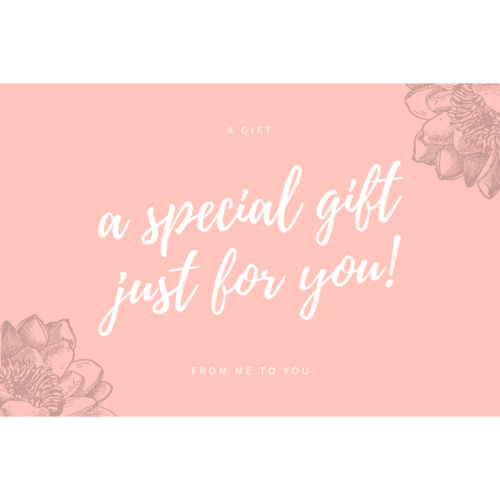 Peach pink greeting card with white script text 'a special gift just for you!', small 'A GIFT' at top and 'FROM ME TO YOU' at bottom, with floral line-art corners.