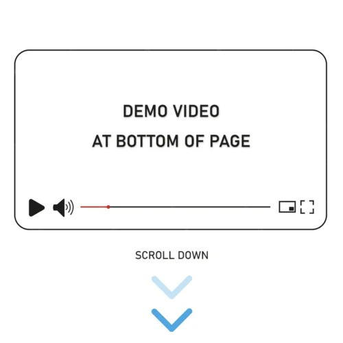 Demo video placeholder at bottom of page with play button, volume, and progress bar; beneath it, text 'SCROLL DOWN' and two blue down arrows