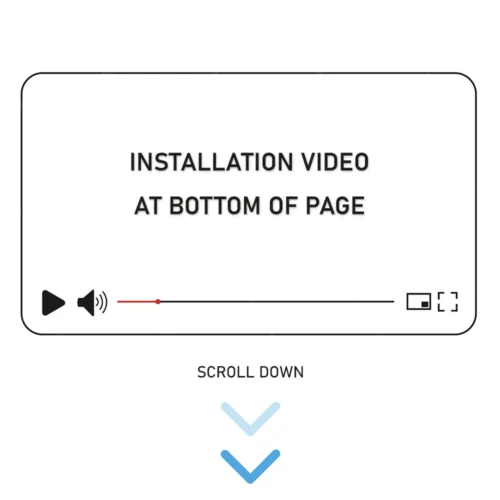 Video player placeholder reading 'INSTALLATION VIDEO AT BOTTOM OF PAGE' with a scroll-down cue and two blue arrows