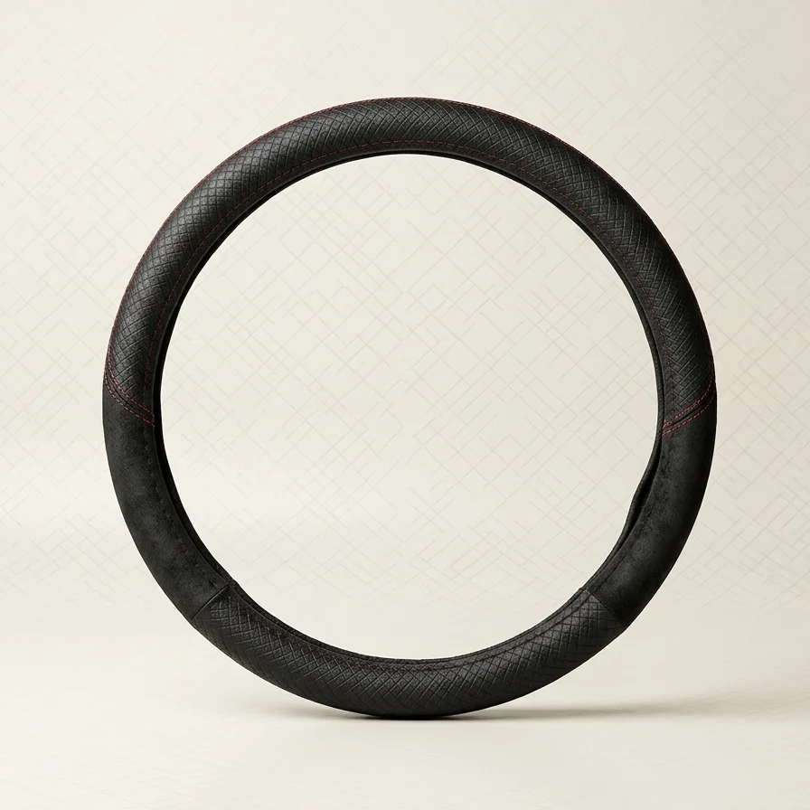 Black leather car steering wheel with red contrast stitching, shown upright on a light beige background.