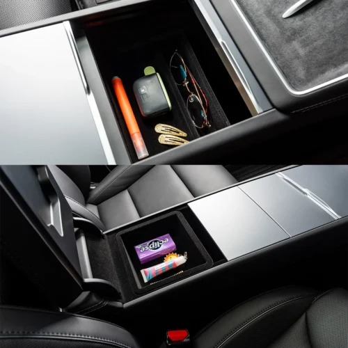 In the car's center console, two storage compartments are visible: the top pocket holds a car key fob, orange pen, sunglasses, and hair clips; the lower tray contains snacks like a purple gum pack and a small tube/lip balm.