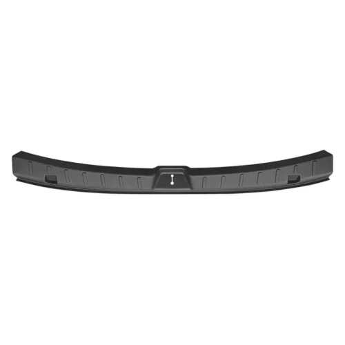 Curved black plastic car bumper cover with a central raised mounting tab