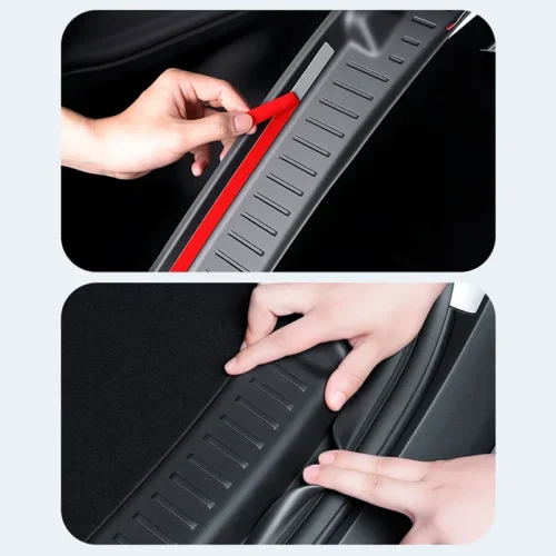 Person installs a red protective sill guard along a car's door threshold in a two-step process.