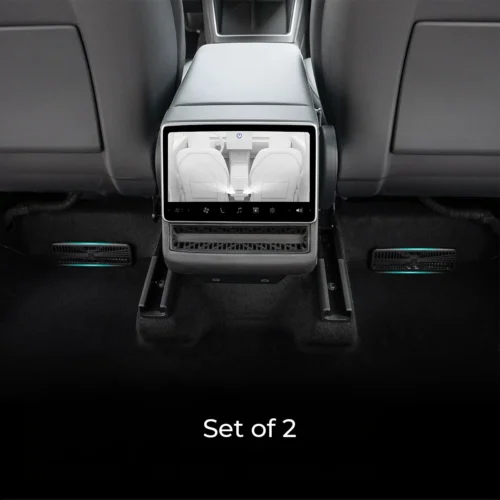 Rear center console touchscreen in a luxury car, showing the front seats; caption reads 'Set of 2'.