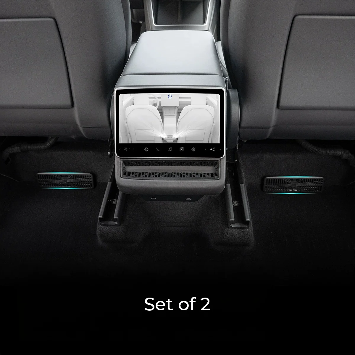 Rear center console touchscreen in a luxury car, showing the front seats; caption reads 'Set of 2'.