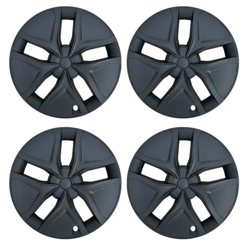 Four identical dark gray car wheel hubcaps arranged in a 2x2 grid.