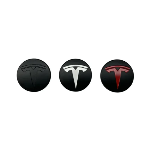 Row of three circular Tesla logos on black circles: left logo in dark/black, middle in white/silver, right in red.