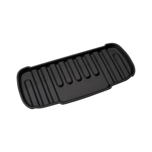 Black rectangular grill pan insert with raised ridges for stovetop searing and grill marks