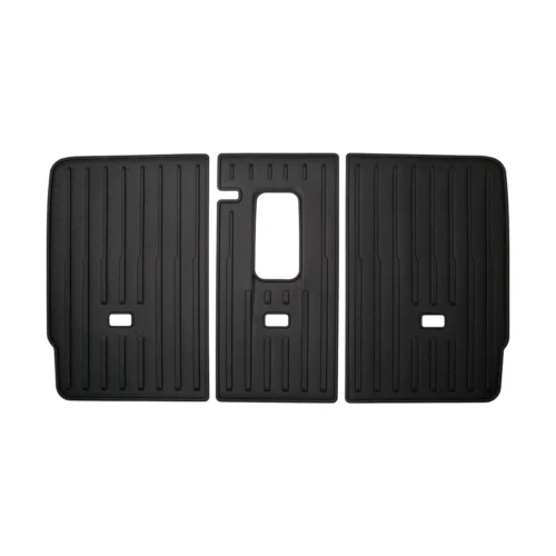 Three-piece set of black rubber car floor mats (driver, center, and passenger) with grooved tread and cutouts for pedals and floor contouring.